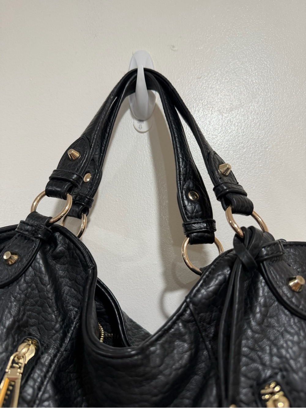 Jessica Simpson Black Faux Leather Moto Satchel Shoulder Bag Gold Hardware - Picture 4 of 10